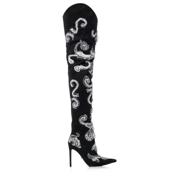 AZALEA WANG EMMETT BEADED EMBELLISHED THIGH HIGH WESTERN BOOT IN BLACK - Picture 3 of 4